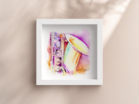 Framed saxophone artwork with colorful design on a beige background