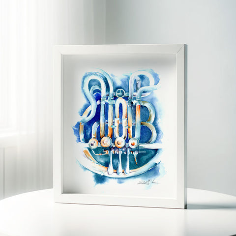 Framed french horn artwork with abstract design in blue and white on a white background