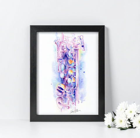 Soprano saxophone watercolor artwork in black frame by Jamie Hansen
