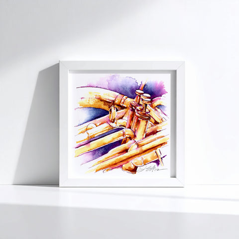 Framed sousaphone watercolor art print in white frame by Jamie Hansen