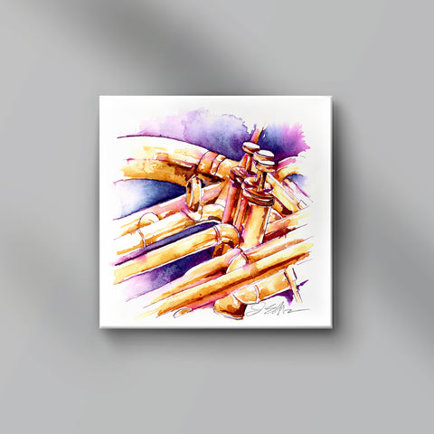 Sousaphone watercolor canvas art shown in home setting by Jamie Hansen