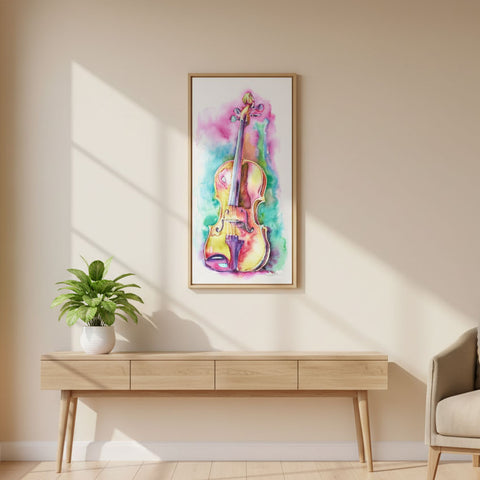 Colorful abstract painting of a violin on a wall above a wooden console table with a plant.