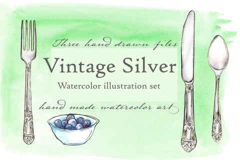 Vintage Silver Watercolor Illustration Set - Hand Drawn Illustrations by Jamie Hansen - Jamie Hansen Art
