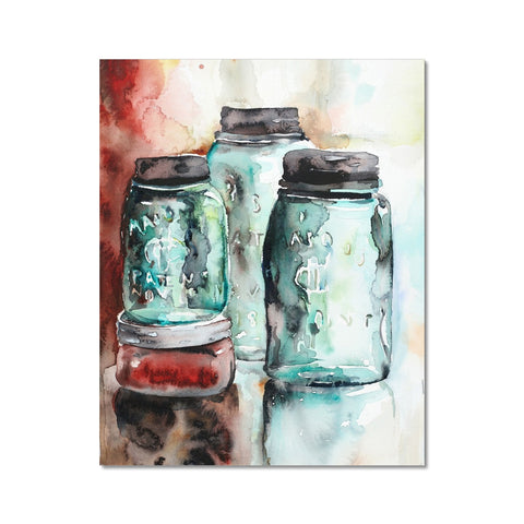 A watercolor painting of three mason jars with a reflective surface on a colorful background.