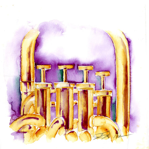 Colorful watercolor painting of a euphonium. 