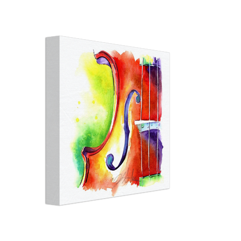 Brightly colored violin watercolor art on canvas. 