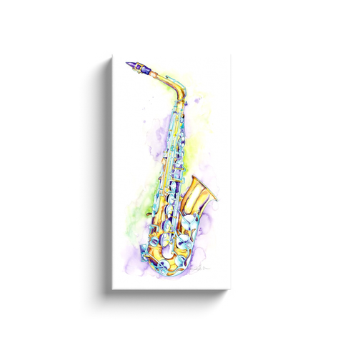 Watercolor painting of a saxophone printed on canvas hanging on a wall. 