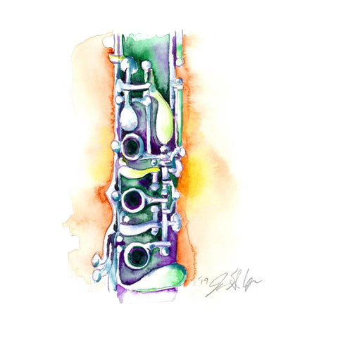 clarinet watercolor with green and sienna