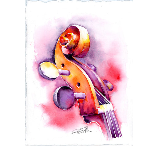 Colorful watercolor painting of a cello headstock. 