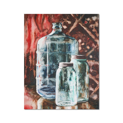A watercolor painting of a blue glass carboy and two mason jars on a kitchen table.