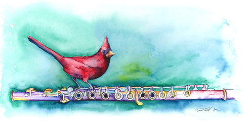 A Different Perch 10" x 20" Art with a cardinal and flute - Jamie Hansen Art