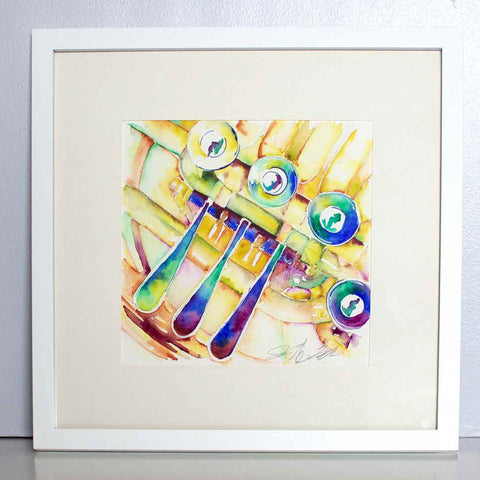 watercolor painting of a colorful french horn