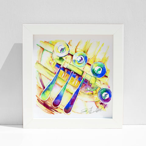 Original watercolor painting of a colorful French horn, framed in a white frame.