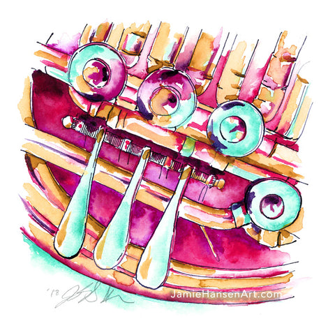 Raspberry French Horn - Small Colorful Brass Instrument Art Print - Jamie Hansen Art