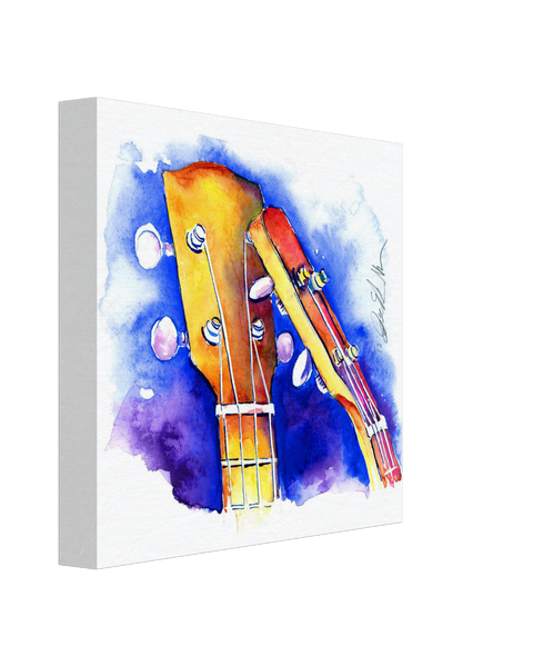Kissing Cousins 8" x 8" painting of two ukuleles on blue