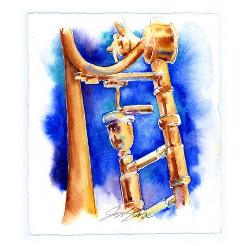 blue and gold trombone watercolor art