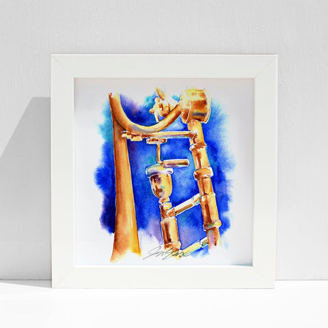 Trombone Watercolor Art in Blue | 7.5" x 8.5" Painting
